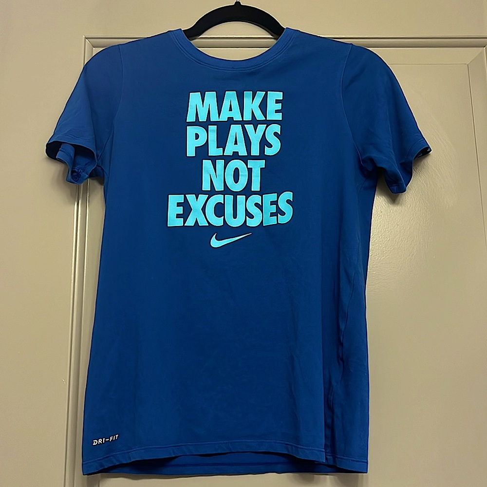 Nike dri-fit dark blue tee with light blue lettering . Size: boys youth large.